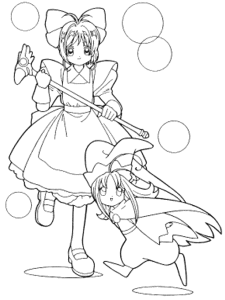 Desenho para colorir de Sakura de avental com o báculo e uma pequena bruxa