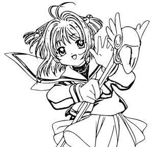 Desenho para colorir de Sakura sorridente com o báculo de asas