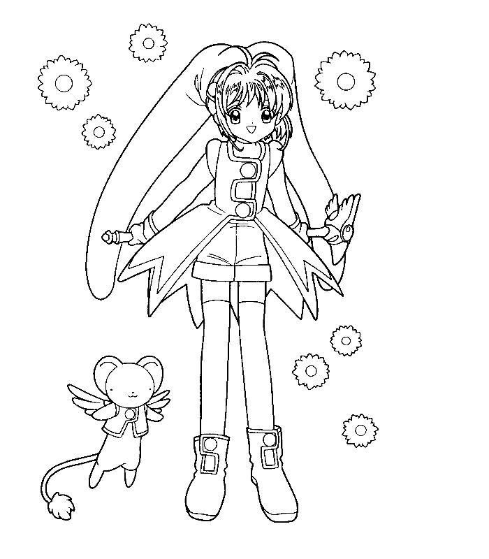 Desenho para colorir de Sakura de capuz com orelhas compridas e o Kero