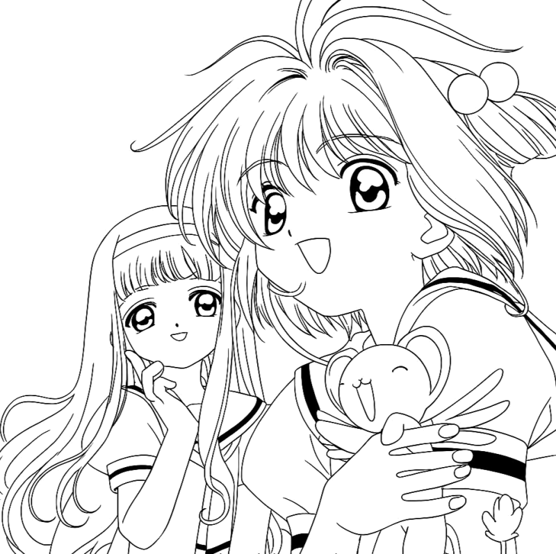 Desenho para colorir de Sakura, Tomoyo e Kero em grande plano
