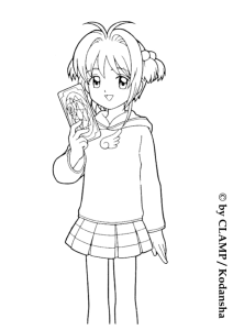 Desenho para colorir de Sakura de camisola com uma carta Clow na mão