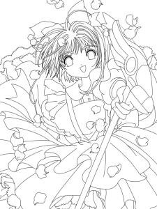Desenho para colorir de Sakura com o báculo rodeada de flores