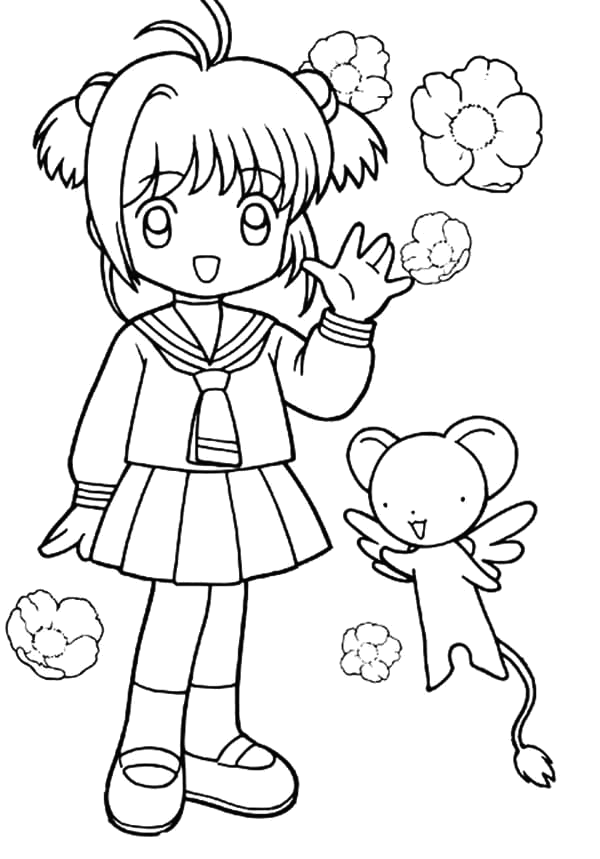 Desenho para colorir de Sakura de uniforme a acenar ao lado do Kero