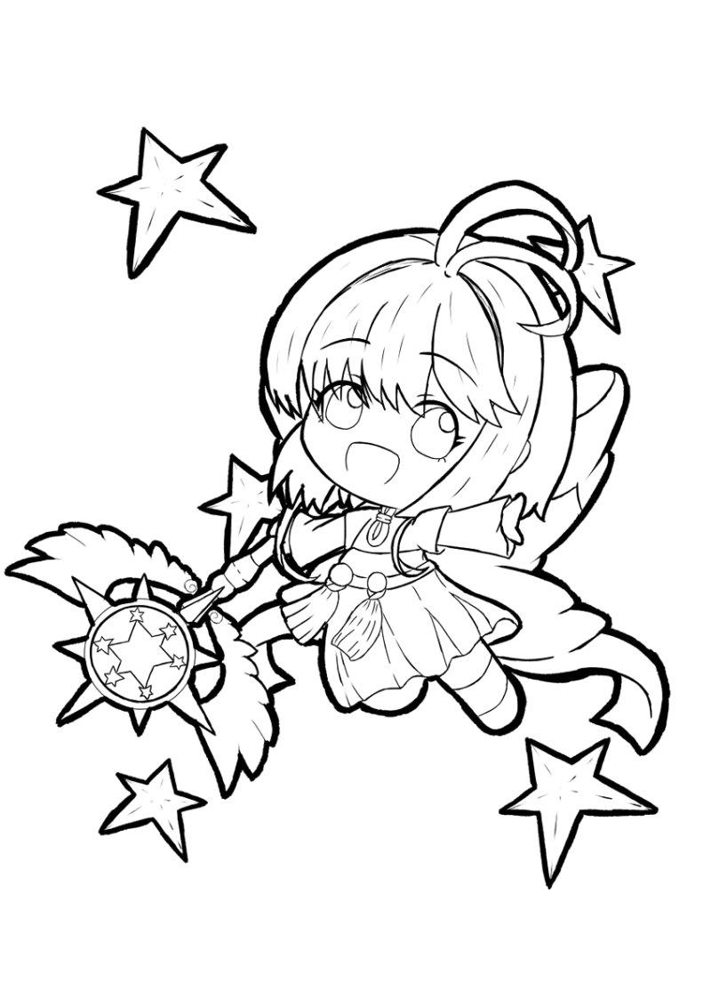 Desenho para colorir de Sakura em versão chibi entre estrelas