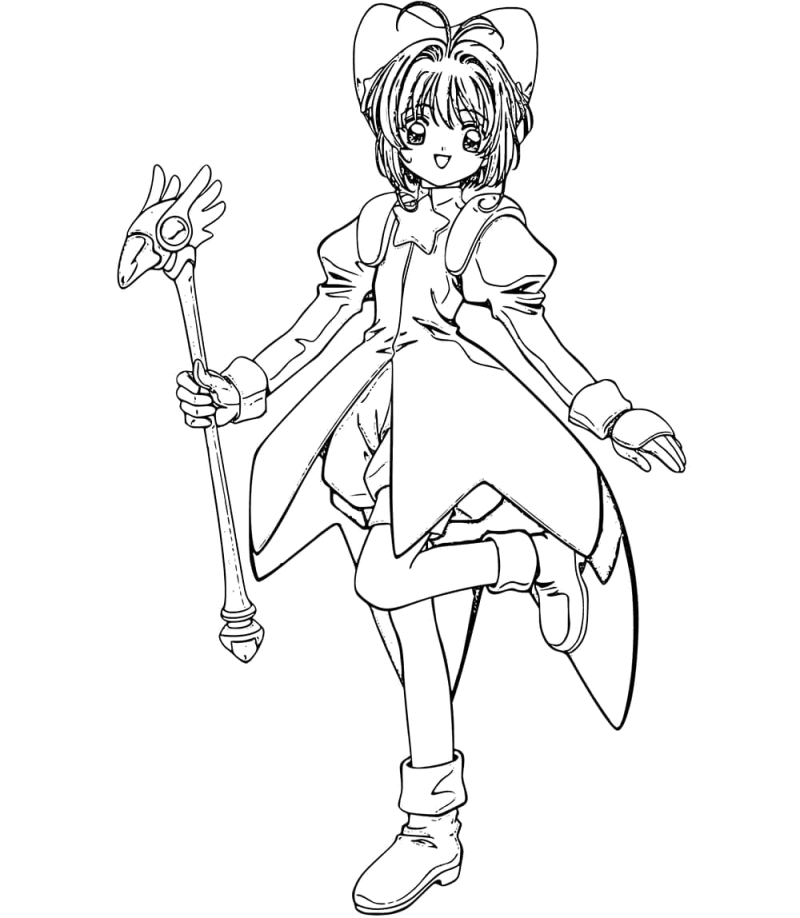 Desenho para colorir de Sakura com o báculo, apoiada numa perna