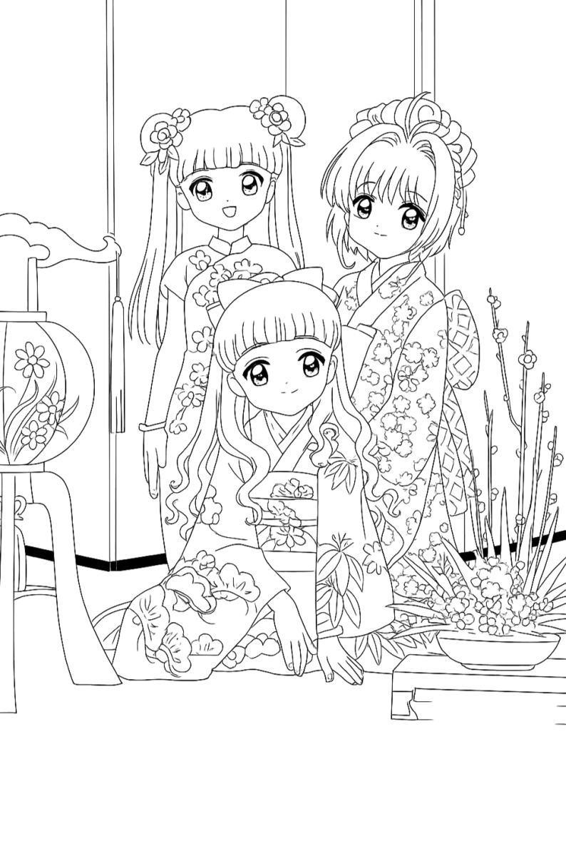 Desenho para colorir de Sakura e as amigas de quimono