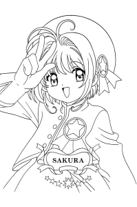 Desenho para colorir de Sakura de chapéu com o nome escrito no laço