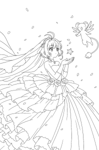 Desenho para colorir de Sakura de vestido longo entre pétalas
