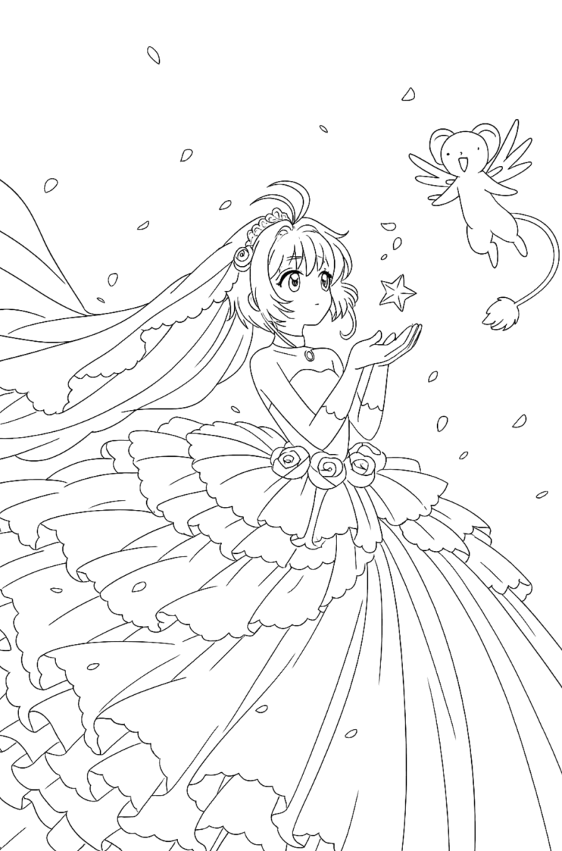 Desenho para colorir de Sakura de vestido longo entre pétalas