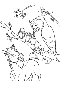 Desenho para colorir de Spirit em potro com as corujas
