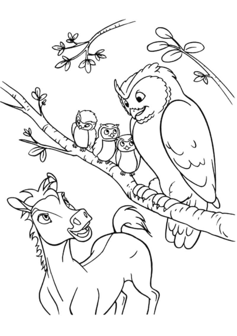 Desenho para colorir de Spirit em potro com as corujas