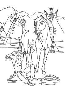 Desenho para colorir de Spirit e Rain na aldeia