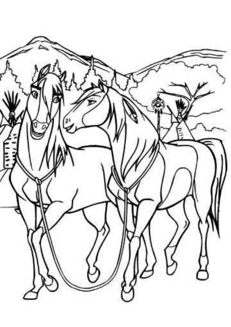 Desenho para colorir de dois cavalos com cordas e enfeites