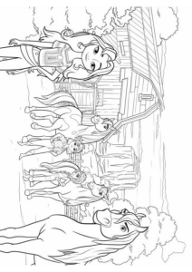 Desenho para colorir de uma cena com várias personagens e cavalos