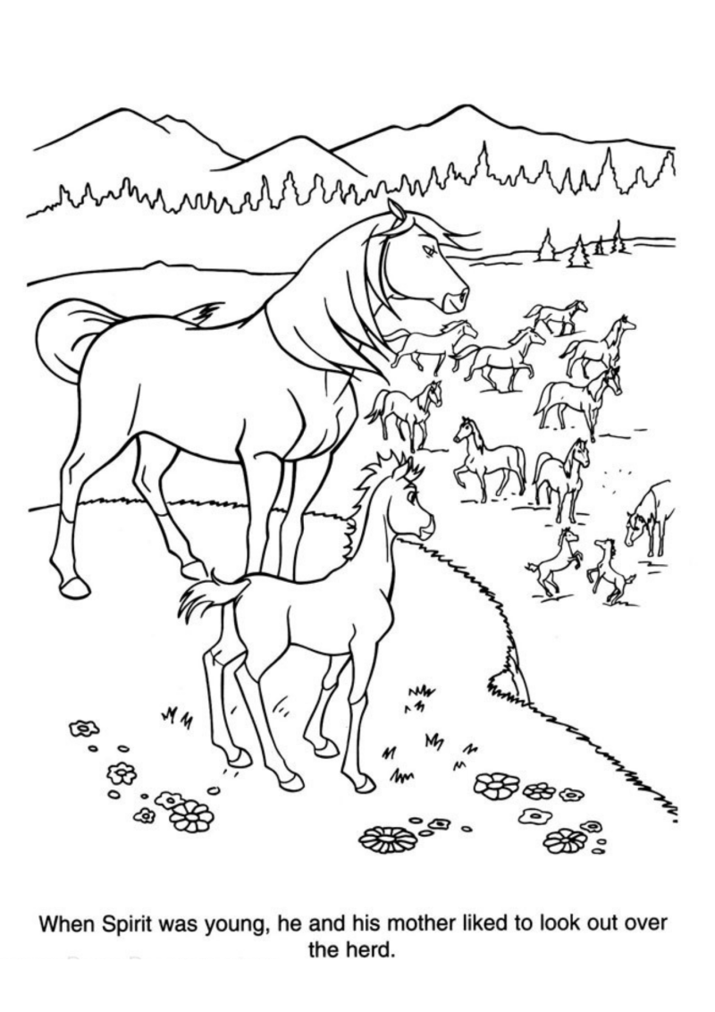 Desenho para colorir de Spirit em potro com a mãe e a manada