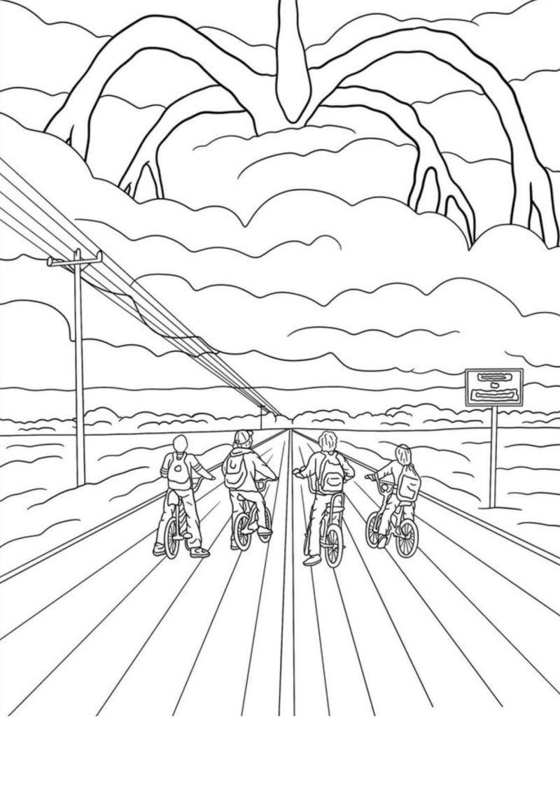 Desenho para colorir do grupo de bicicleta numa estrada com o monstro no céu