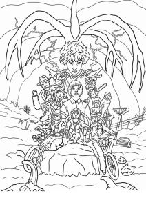Desenho para colorir do grupo de bicicleta com o monstro gigante atrás