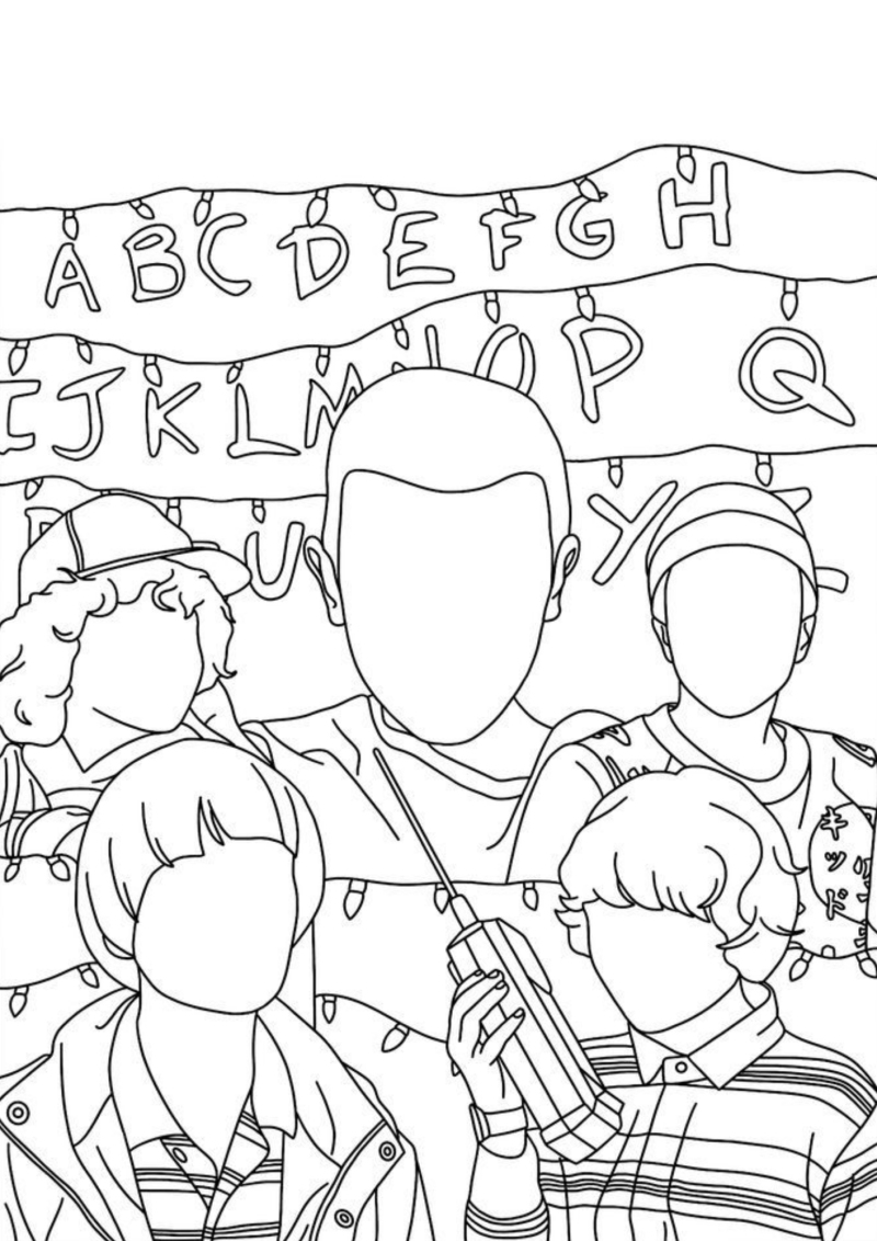 Desenho para colorir dos amigos em frente à parede do alfabeto