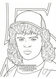 Desenho para colorir do retrato do Dustin de boné com o logótipo