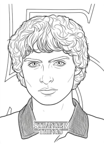 Desenho para colorir do retrato de rapaz de cabelo encaracolado com o logótipo