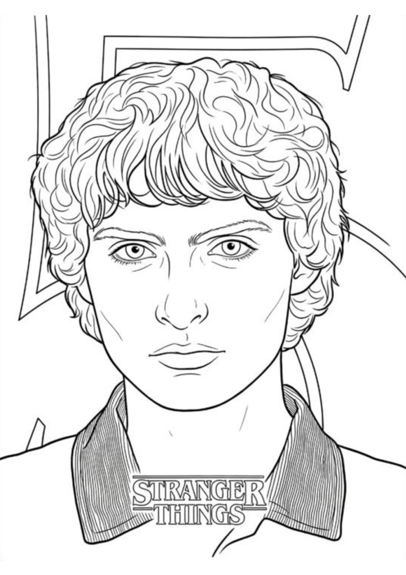 Desenho para colorir do retrato de rapaz de cabelo encaracolado com o logótipo