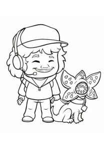 Desenho para colorir de Dustin em versão chibi com um Demodog