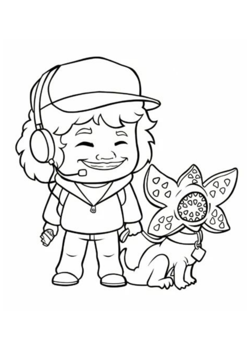 Desenho para colorir de Dustin em versão chibi com um Demodog