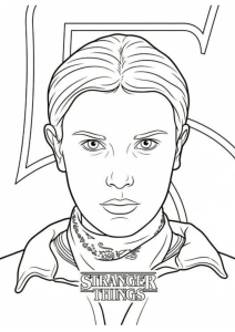 Desenho para colorir do retrato da Eleven com o logótipo