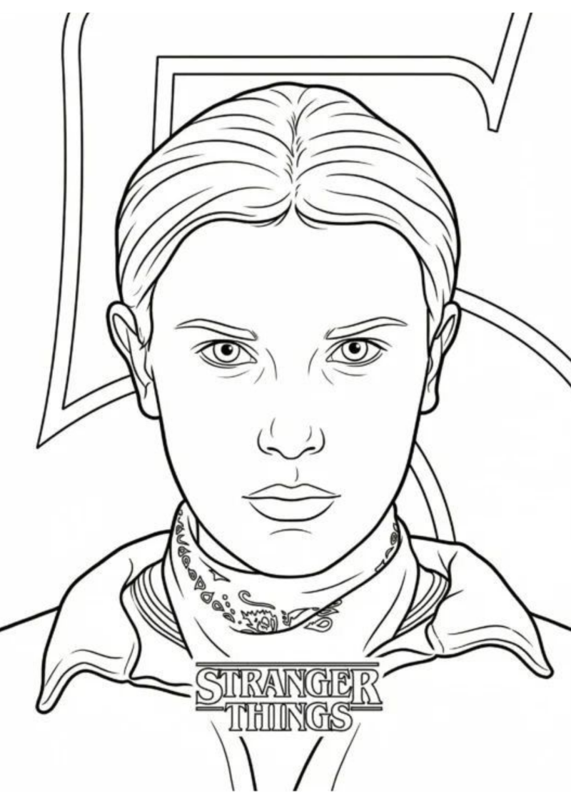 Desenho para colorir do retrato da Eleven com o logótipo