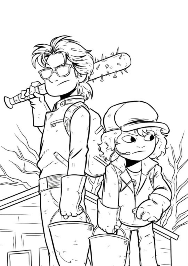 Desenho para colorir de Steve com o taco e o Dustin