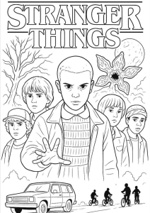 Desenho para colorir do poster com a Eleven, os amigos e o Demogorgon