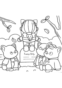 Desenho para colorir de gatinhos e uma figura sentada na relva