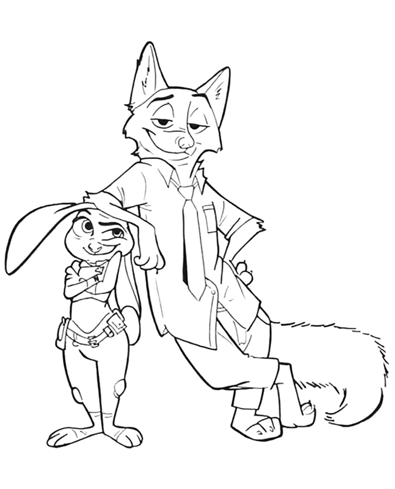 Desenho para colorir de Nick encostado com a Judy ao lado