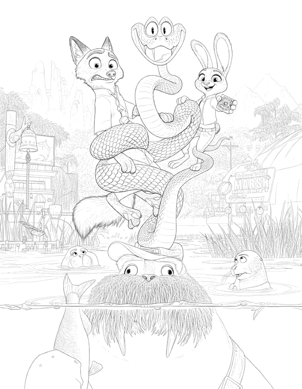 Desenho para colorir das personagens com a serpente na cidade