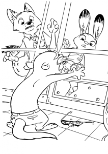 Desenho para colorir de Nick, Judy e amigos numa cena de ação