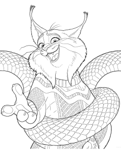 Desenho para colorir de um lince sorridente enrolado numa serpente