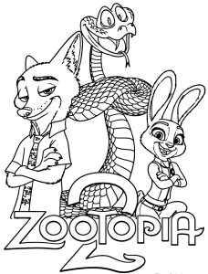 Desenho para colorir de Nick, Judy e a serpente com o logótipo