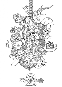 Desenho para colorir do poster de Zootrópolis 2 com muitas personagens