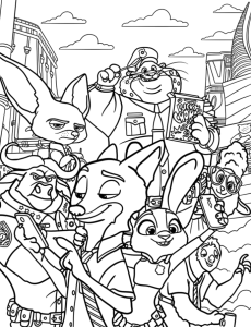 Desenho para colorir de um grande grupo de personagens na esquadra
