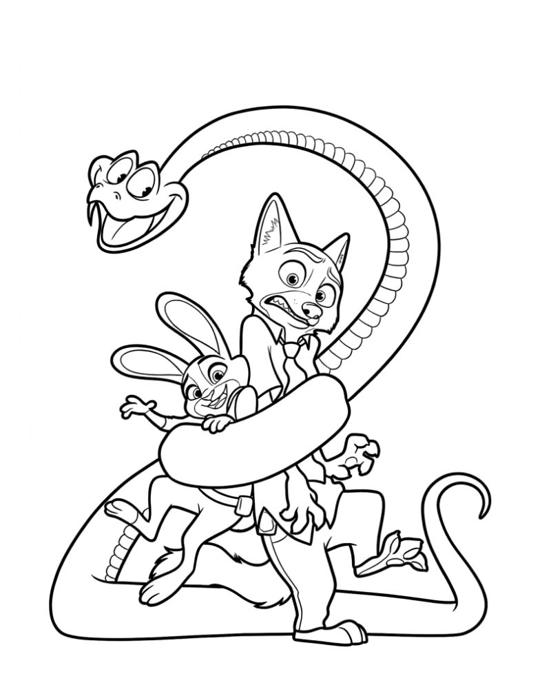 Desenho para colorir de Judy e Nick com a serpente